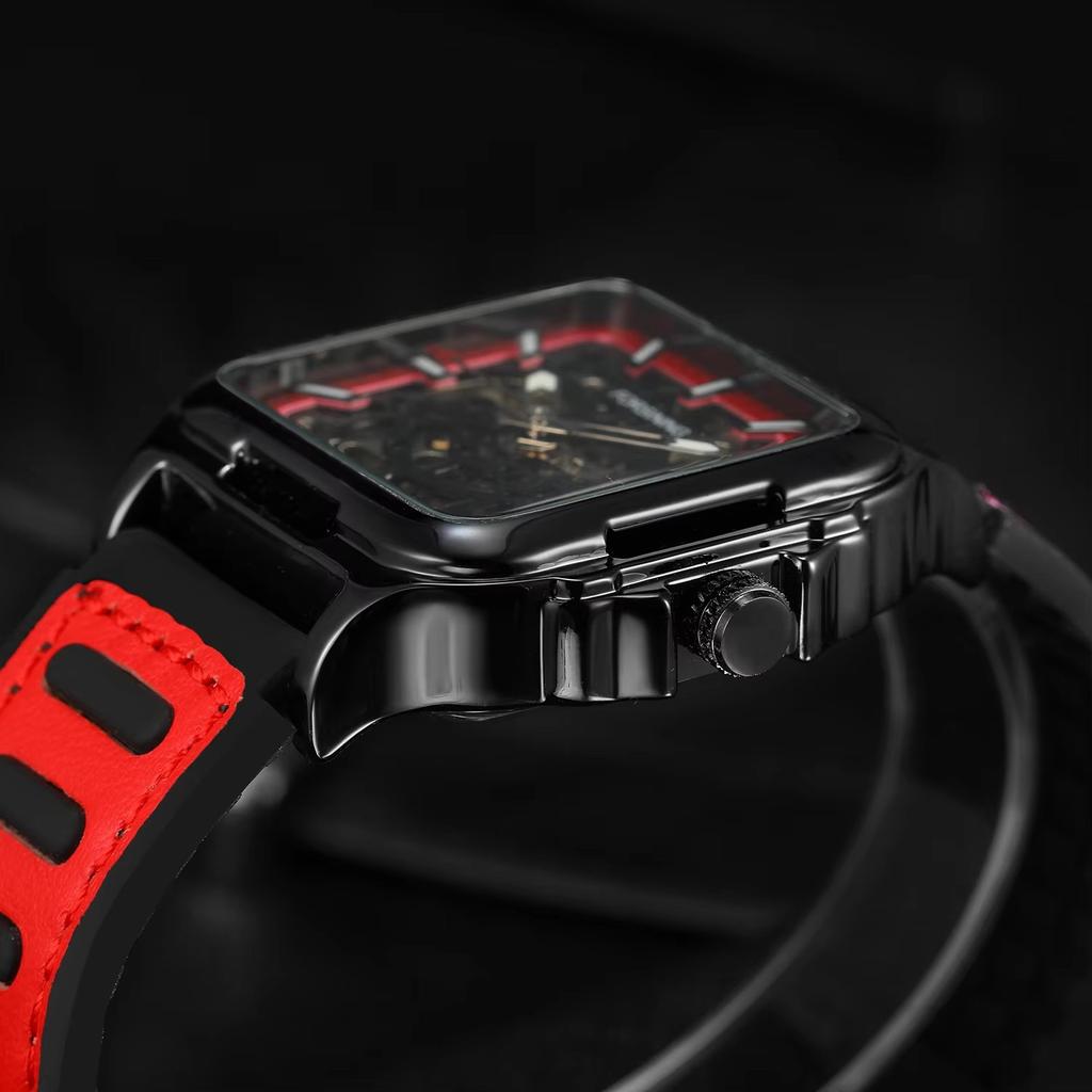 Forsining Square Dial Skeleton Watch Automatic Watch for Men Luxury Sports Mechanical Wristwatch Waterproof Luminous Leather Band