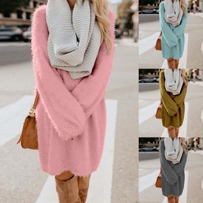 Winterkleid Rundhalsausschnitt Knielang Einfarbig Lässig Locker Pullover Langarmkleid für Draußen