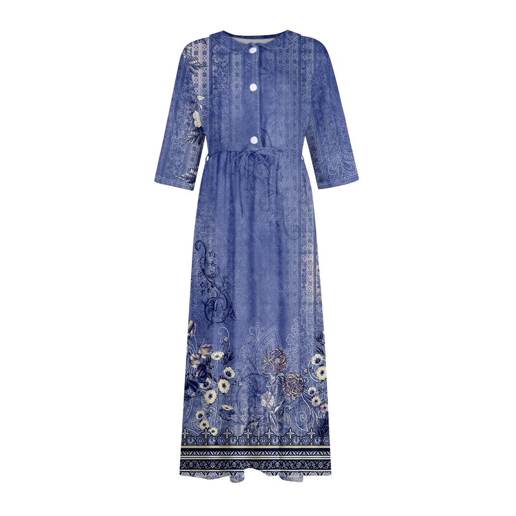 Damenmode Casual Printed Reverskragen Knopf 3/4 Ärmel Kleidung Träger Kleid