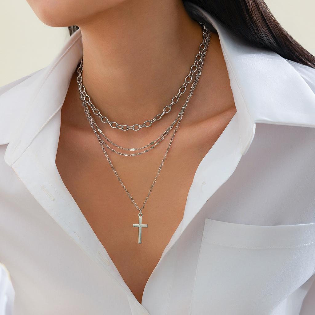 Simple Metal Cross Pendant Necklace, Wind Versatile Multi-Layer Chain Stacked Collarbone Chain Female