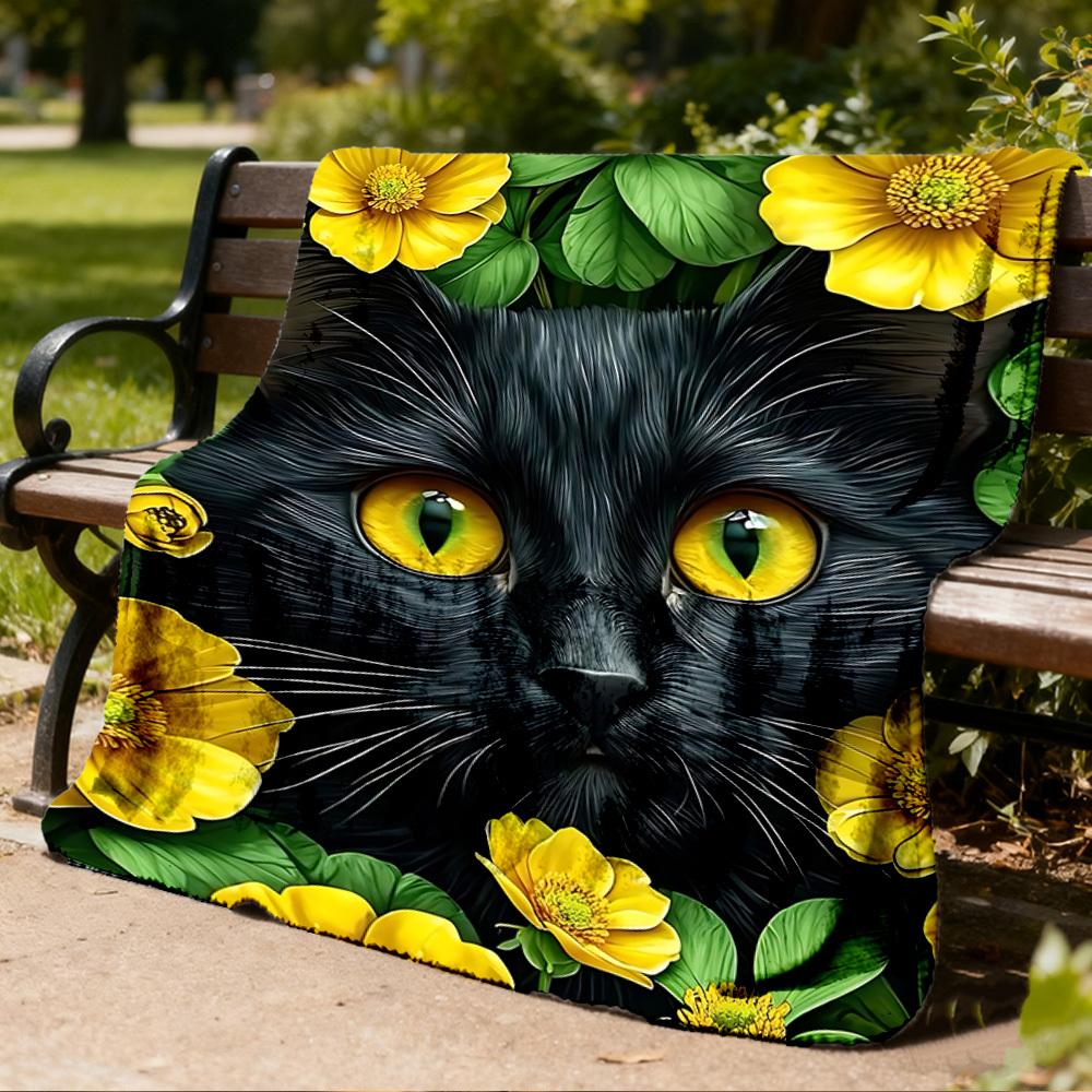 1pc Black Cat Print Print Outdoor Blanket, Lightweight Polyester,