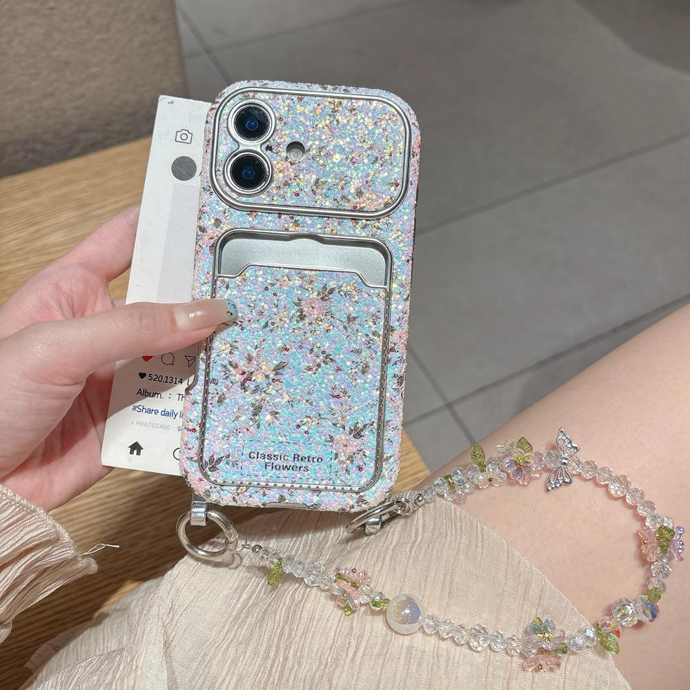 KEYSION Women Girl's Flower Phone Case for iPhone 14 15 16 17 Pro Max Card Holder Bag Shockproof Cover with Bead Bracelet Chain