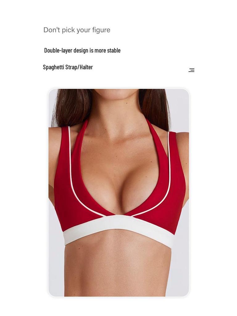 Q1R Two-Piece Color Block Fitness Shorts & V-Neck Halter Sports Bra Yoga Set - Quick-Drying & Breathable