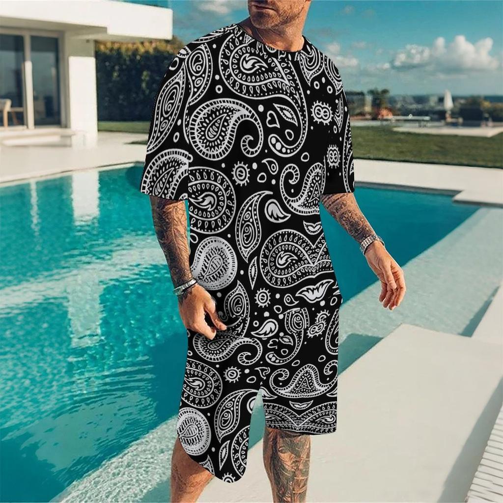 Men Full Black White Paisley Bandana Print Short Sleeve Tee And Matching Shorts Two Piece Outfit