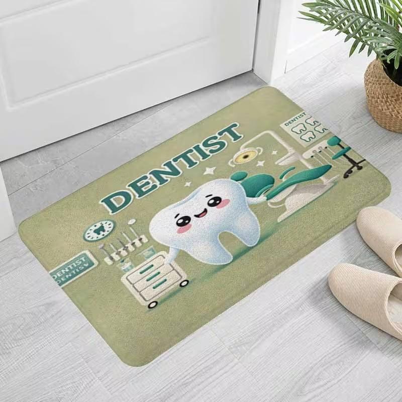 Green Cartoon Dentist Print Doormat Cute Tooth and Dental Tools Design Non Slip Floor Mat