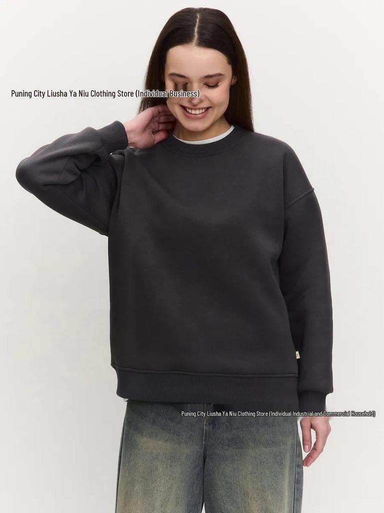 Autumn/Winter Oversized Round Neck Pullover: American Casual Style, Versatile, Comfortable, Solid Color