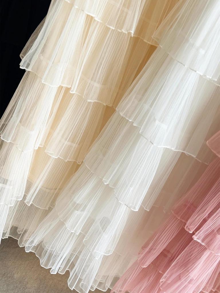 Korean Mesh Layered High-Waisted Mid-Length Skirt for Women - Elegant and Flowy Spring 2026 Collection