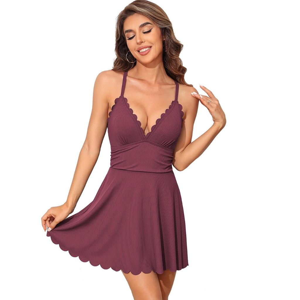 CHARMLEAKS Jednoczęściowy kostium kąpielowy żebrowany dla kobiet, falbaniasty, modelujący brzuch, z dekoltem w serek, marszczony kostium kąpielowy ze spódniczką