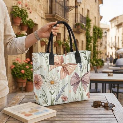  Floral Bow Tote Bag Stylish Canvas Bag for Daily Shopping Portable Casual Handbag