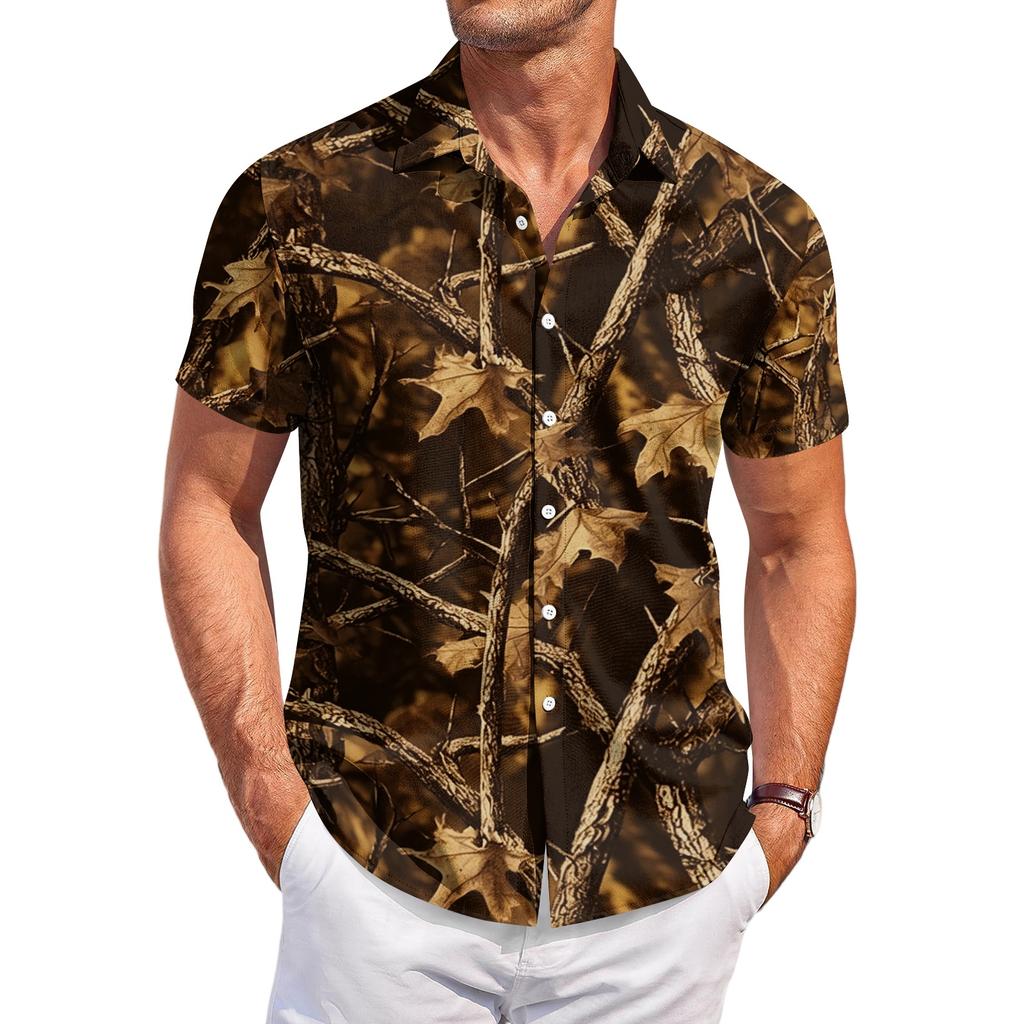 Camisa casual de manga corta para hombre con estampado de camuflaje, diseño de botones, adecuada para el uso diario, actividades al aire libre y viajes.