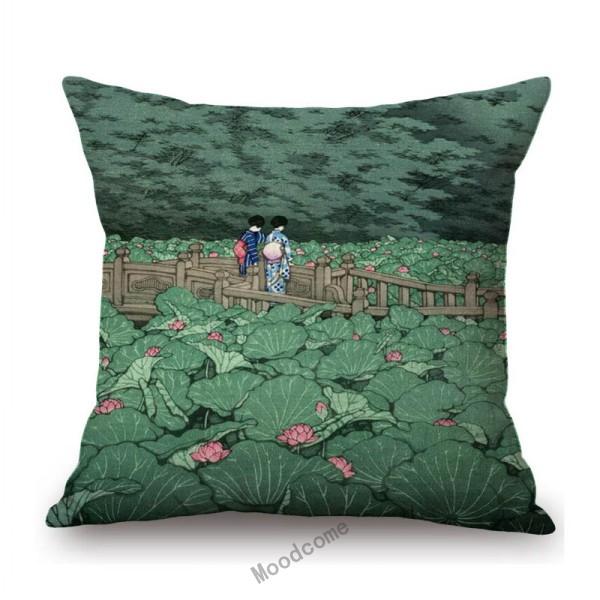 Kawase Hasui-Japanese Woodblock Pillow Case Ukiyo Mount Fuji Temple Beautiful Scenic Art Home Decorative Sofa Car Cushion Cover