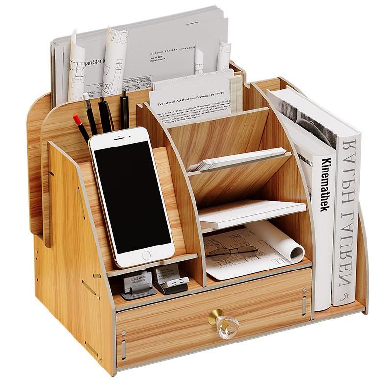 Wooden Desk Organizer Pen Holder DIY Multi-functional Storage Rack Office Stationery