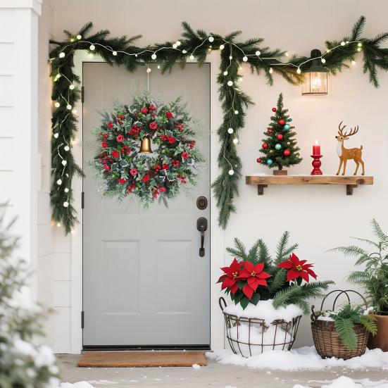Christmas Wreath with Golden Bell Front Door Garland Waterproof Red Rose Petals Pine Cones Festive Holiday Decoration