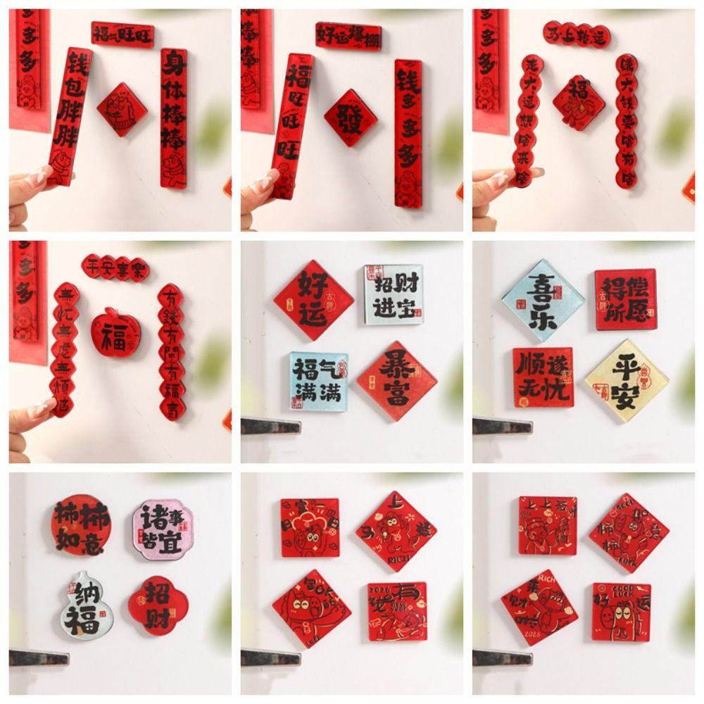 4Pcs Acrylic New Year Magnetic Sticker Traditional Blessing Chinese Style Refrigerator Magnets Mini Festive