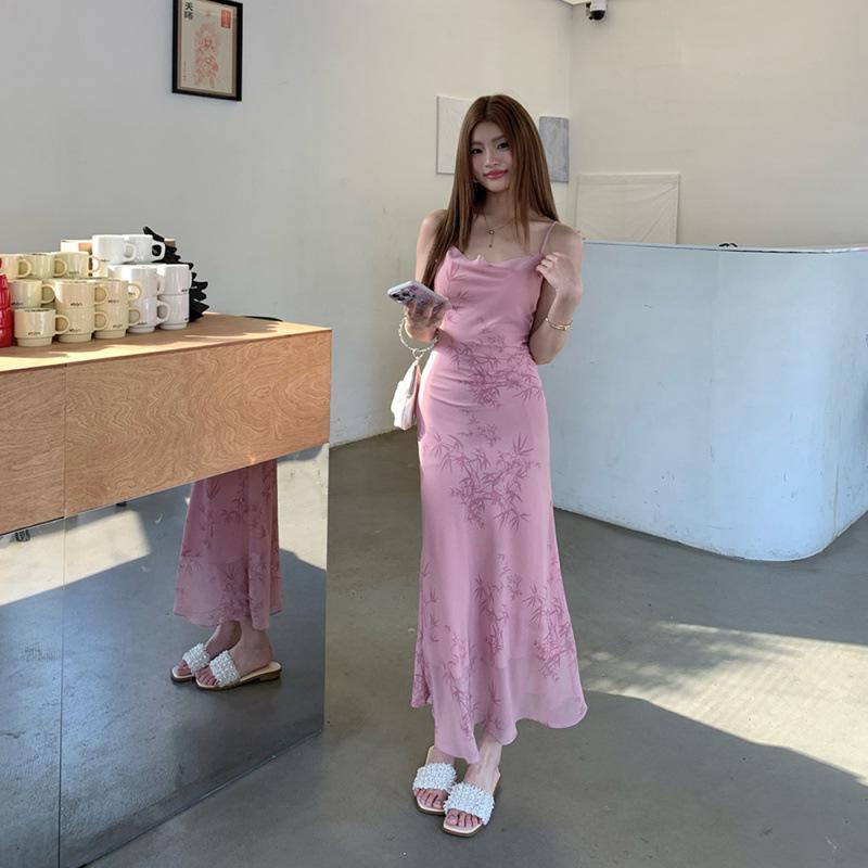 2026 Spring/Summer Pink Bamboo Rhyme Spaghetti Strap Long Dress for Women