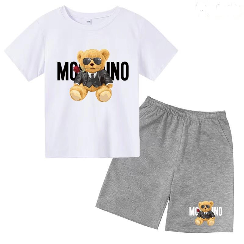 Children Summer Charming Rose Letter Bear Print T-shirt+Shorts Set Boys Girls Casual Toddler Sports First Choice Clothes