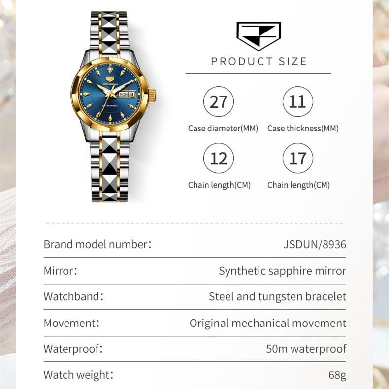 Nové dámské hodinky pro podnikání a volný čas JINSHIDUN Plně automatické mechanické hodinky Tungsten Steel Double Calendar Světelné vodotěsné špičkové hodinky