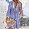 Women Three-quarter Sleeve Boho Floral Printed Dress Tassel V-neck  Dress