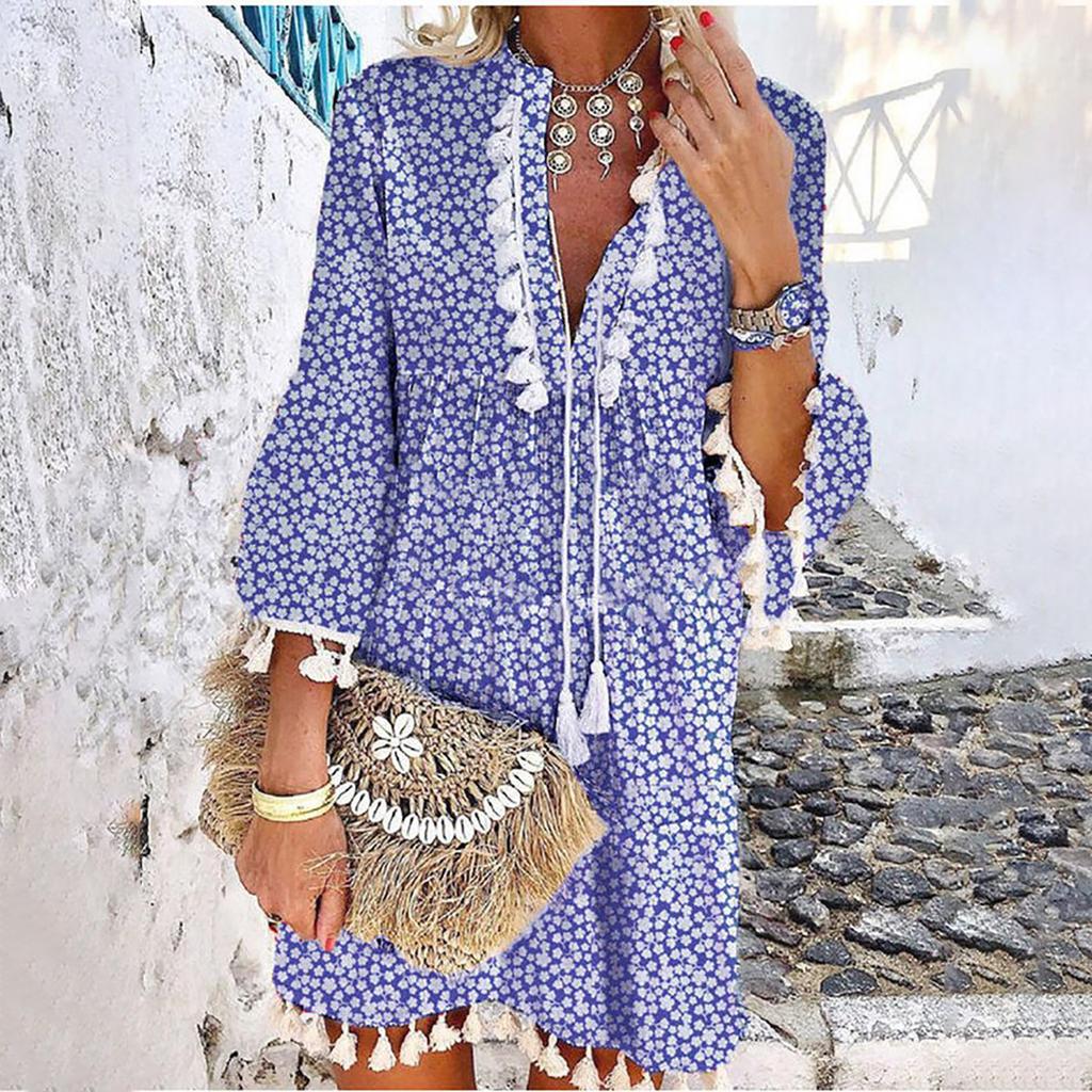 Women Three-quarter Sleeve Boho Floral Printed Dress Tassel V-neck  Dress