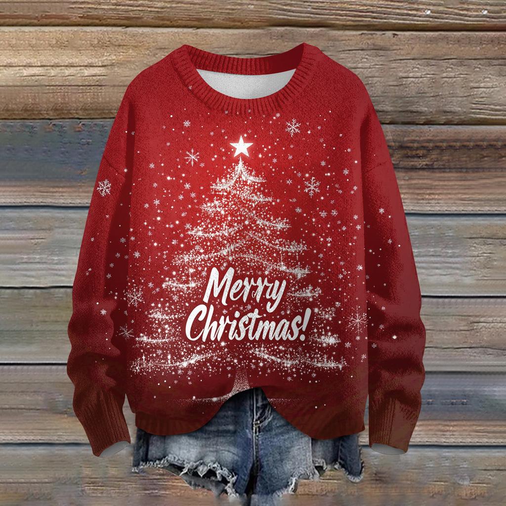 Ladies' Fashionable Casual Long Sleeved Beautiful Christmas Tree Print Round Neck Yarn Knitting