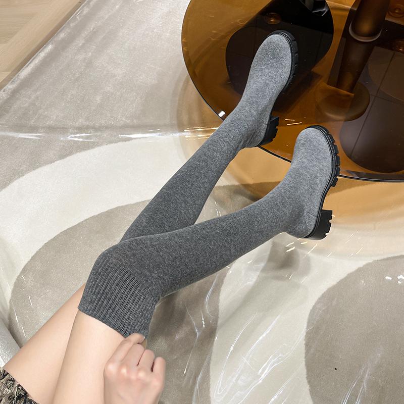 Fashion Sexy High Sock Boots Women Winter New Fashion Over The Knee Warm Botas Mujer Suede Lace Up Pumps Shoes High Heels Boots