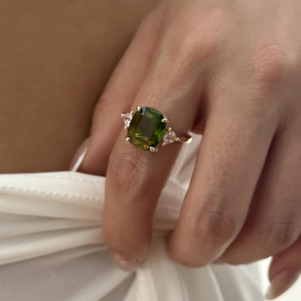 Luxury Fashion Green Zircon Ring For Women Gold Color Shiny Crystal Square Finger Ring Wedding Party Anniversary Charm Jewelry