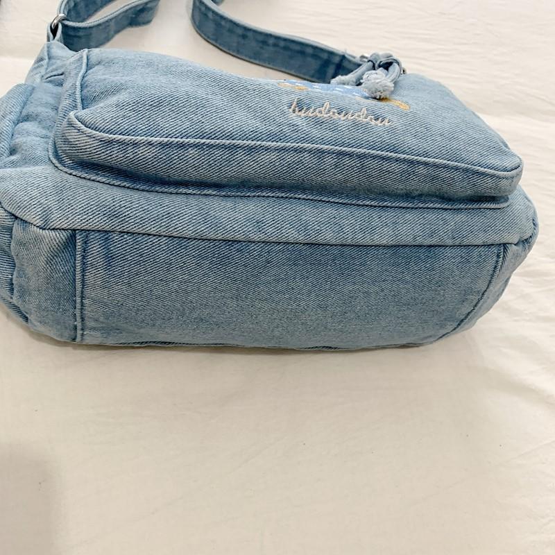 Denim Vintage Shoulder Bag Women Embroidered Cat Crossbody Bag