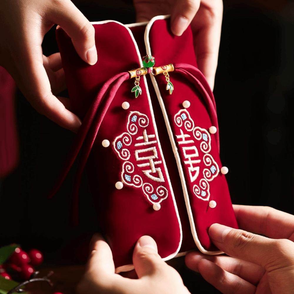 Embroidery Design Red Envelope Velvet Cloth Wedding Envelope Best Wishes Envelope  Anniversary