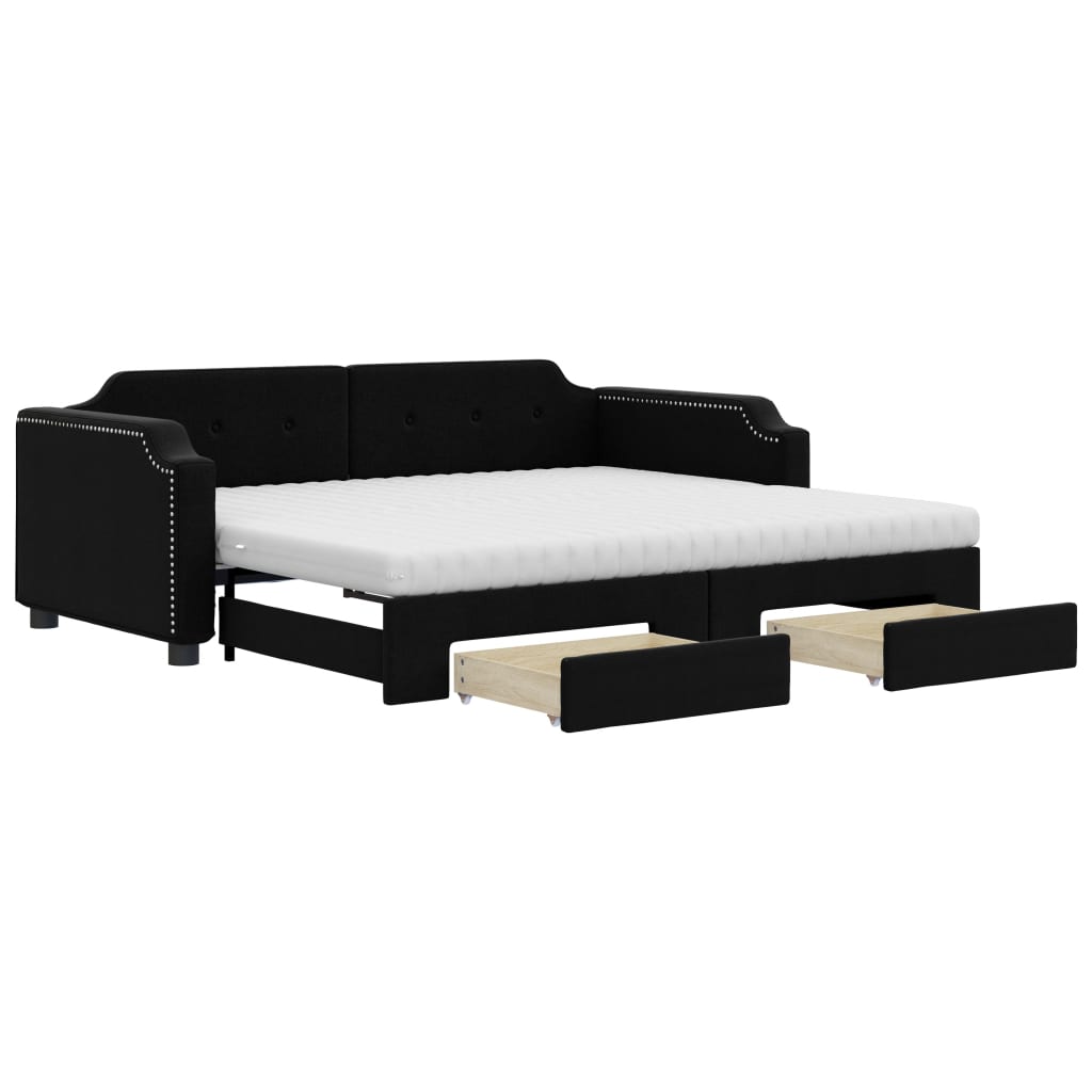 Extendable Daybed with Drawers Black 90x190 cm Fabric