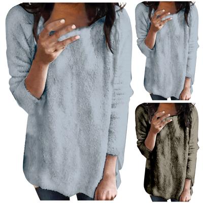 Damen Klassisch Wintermode Rundhals Plüsch Warm Pullover Top