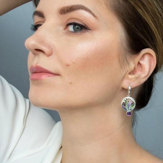 Exquisite Women's Fashion European and American Enamel Colorful and Elegant Earrings Versatile Super Fairy Flower Amethyst Pendant Earrings JWLY