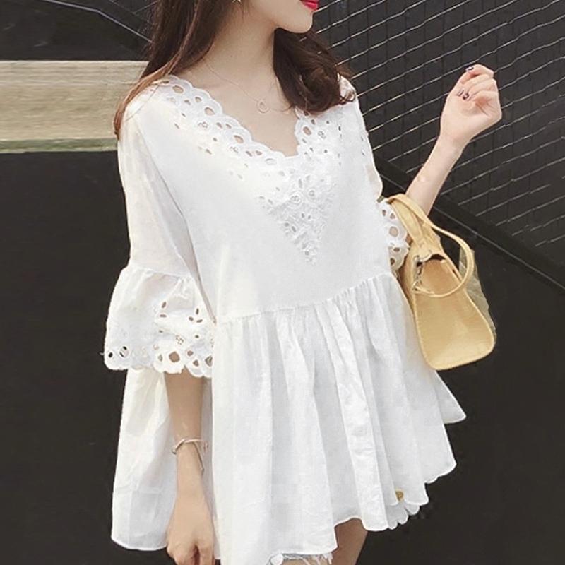 ZANZEA Women Lace Crochet V-Neck Loose Casual 3/4 Sleeve Blouse