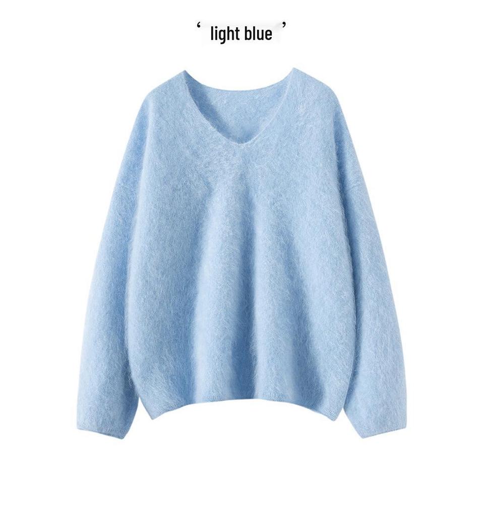 Women's Soft V-Neck Cashmere Pullover - 100% Pure, Fluffy, Seamless, Long Sleeve, Loose Fit, Ideal for Autumn and Winter