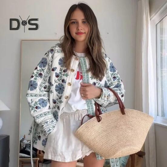 Damen Steppjacke Blumendruck Pufferjacke Langarm Rundhals Button Down Oberbekleidung Mantel mit Gürtel