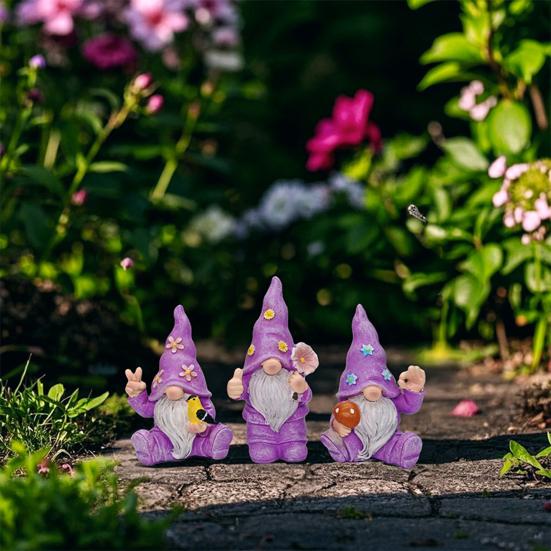 3 Pcs/Set Flower Gnome Figurines Collectible Dwarf Wearing Floral Hat Ornaments Desktop Gnome Statues for Home Cabinet Shelf Decorations