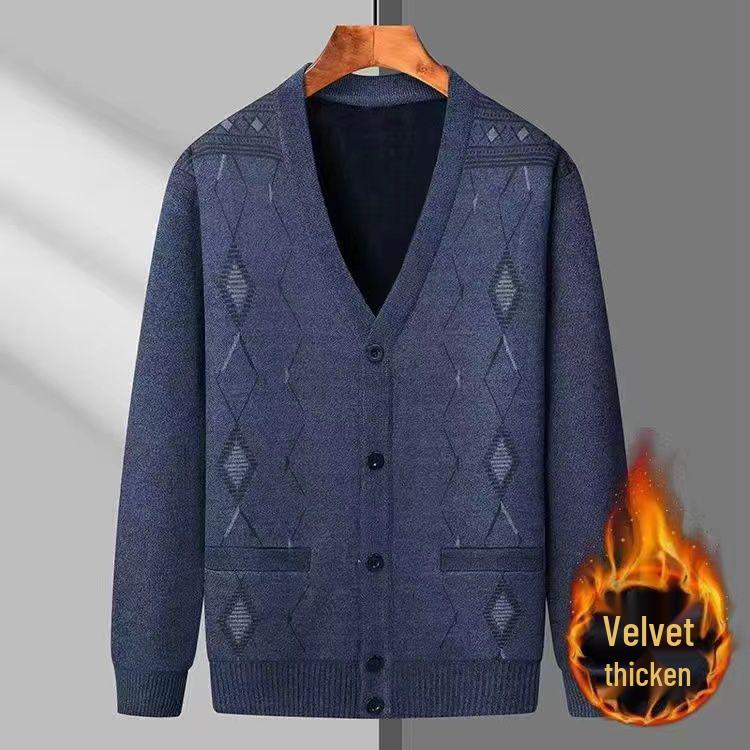 Men's V-Neck Thick Fleece Cardigan: Warm Knitwear for Dad and Grandpa