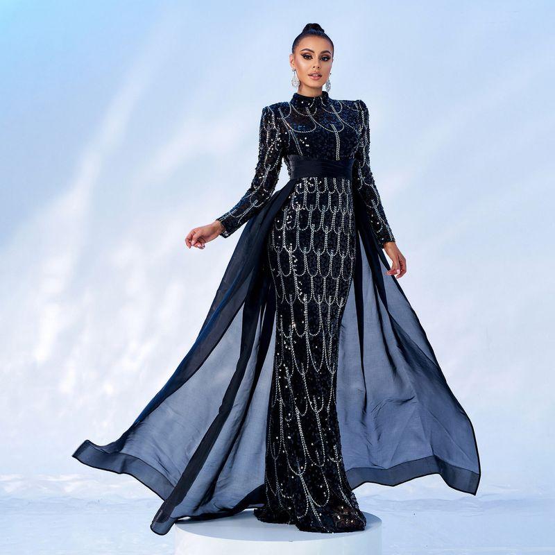 Wedding Dress European and American New Style Long-Sleeved Round Neck Long Sequined Banquet Cape Fishtail Evening Dress Bridesmaid Dress