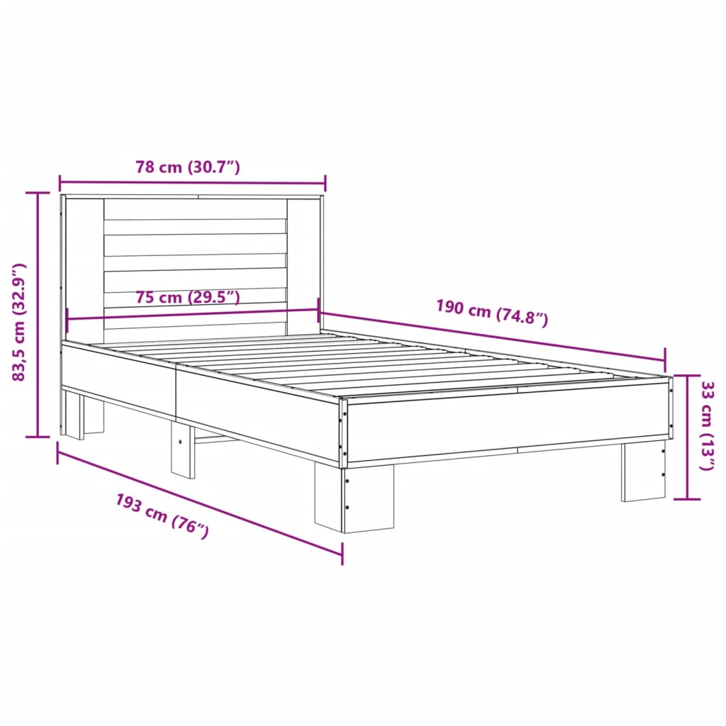 Bed Frame Black 75 x 190 cm Particleboard and Metal