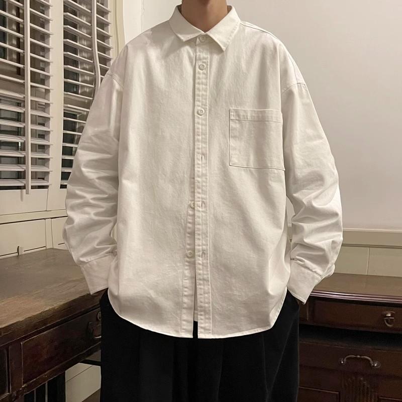 Men's White Cotton Button Down Shirt Casual Pocket Detail Oversized Streetwear Top