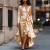 Cross-border Foreign Trade 2026 European and American Spring and Autumn New Amazon Satin V-neck Waist Temperament Ruffle Edge Dress Women