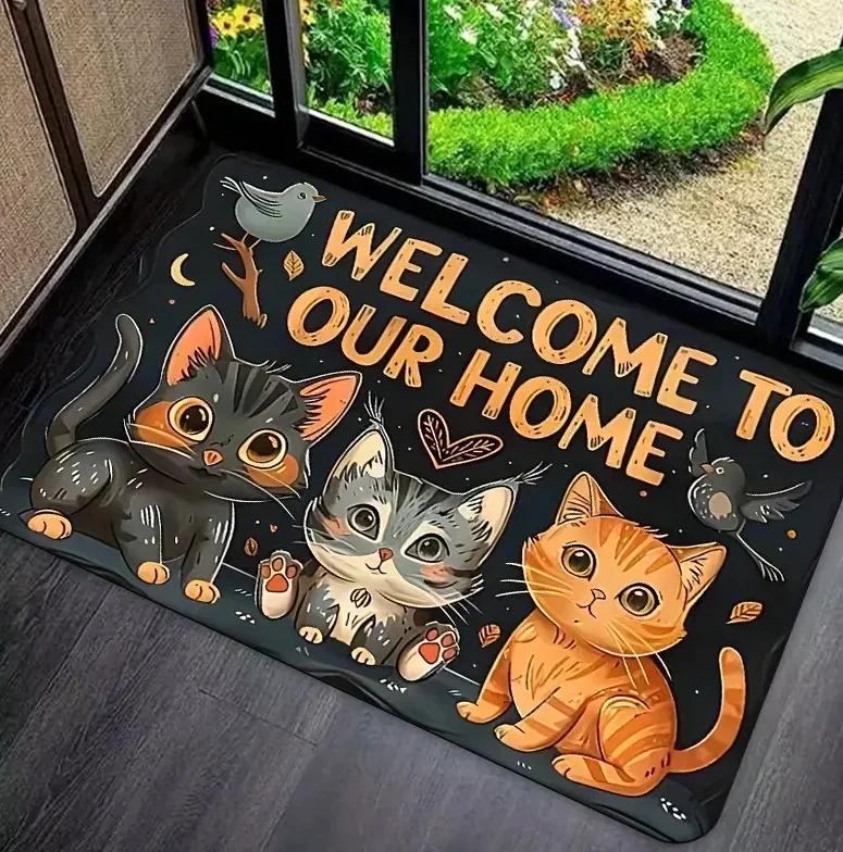 Cartoon Four Kittens Welcome Home Floor Mat Super Cute and Warm Cartoon Cat Floor Mat Suitable for Decorating Living Rooms And