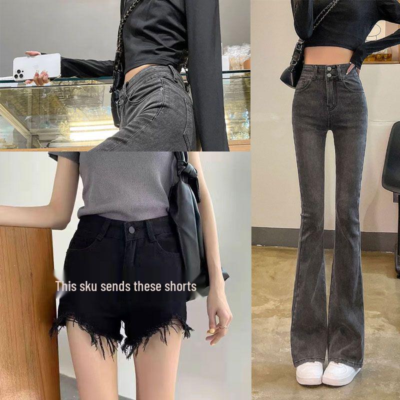 Graue High-Waist-Schlankmacher-Schlagjeans in Übergröße für Damen - Elastisch und Petite Passform, Perfekt für Herbst/Winter