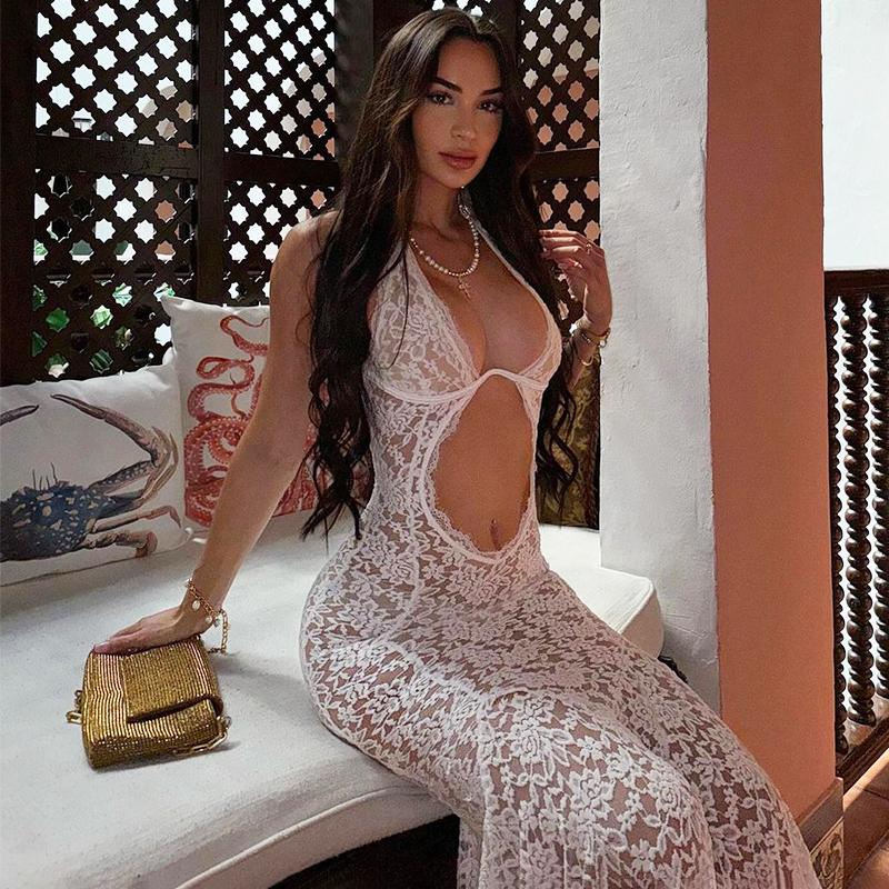 Vestido transparente sexi blanco ahuecado para mujer, sin mangas