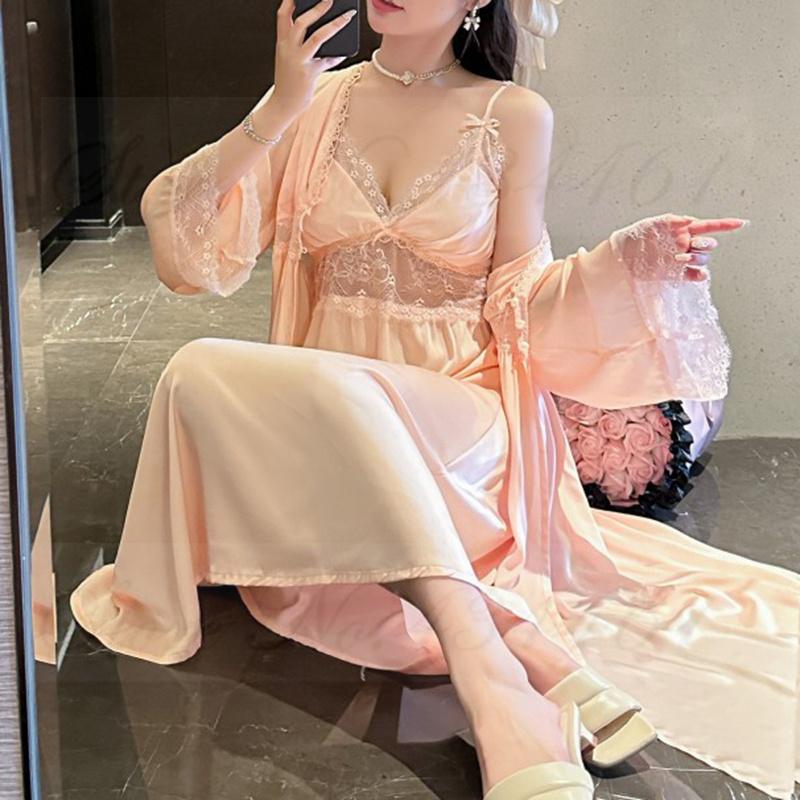 Spring Summer Kimono Bathrobe Gown Female Long 2PCS Robe Set Sleepwear Sexy Lace Nightgown Intimate Lingerie Satin Home Dress
