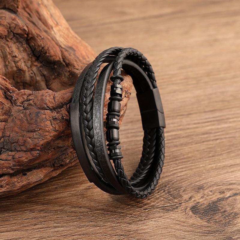 Mens Stainless Steel Bracelet With Black Leather Woven Multi-Layer Design Geometric Minimalist Style