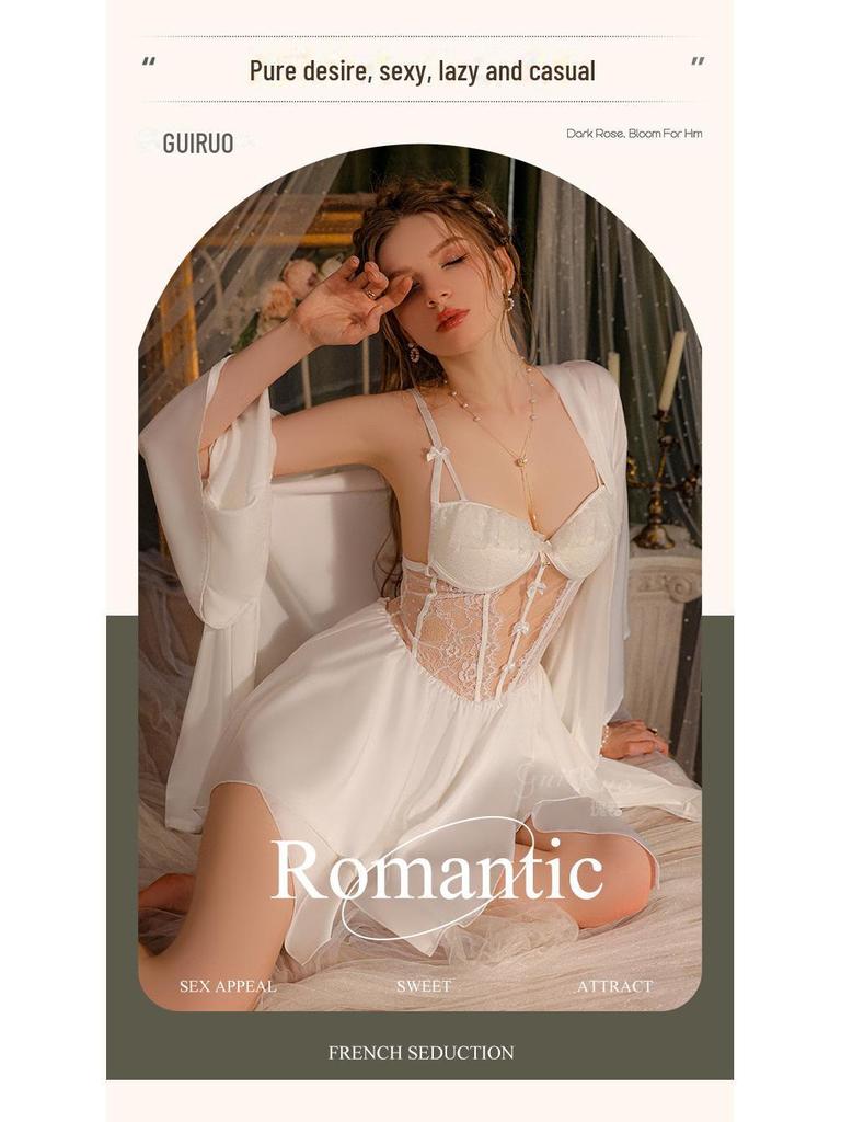Guiruo Satin Lace Nightdress & Robe Set with Chest Pad