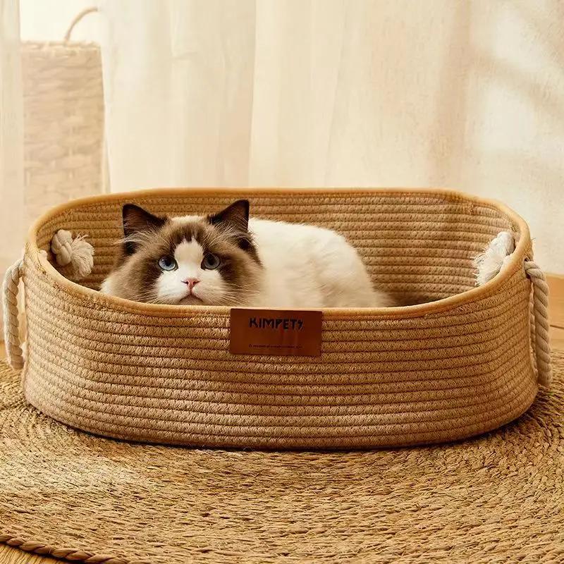 OUZEY Pet Cat Bed Hand Rattan Woven Cat Beds Comfortable Sleeping Wear-Resistant and Sratch-Resistant Cat Nesk Kitten Baskets