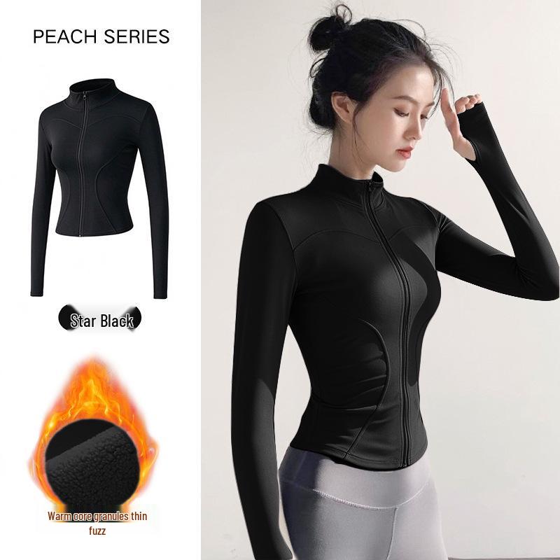 Women's Plush Slim Fit Zipper Yoga Jacket - Thickened, Elastic Long Sleeve, Stand Collar, Warm Autumn & Winter Top