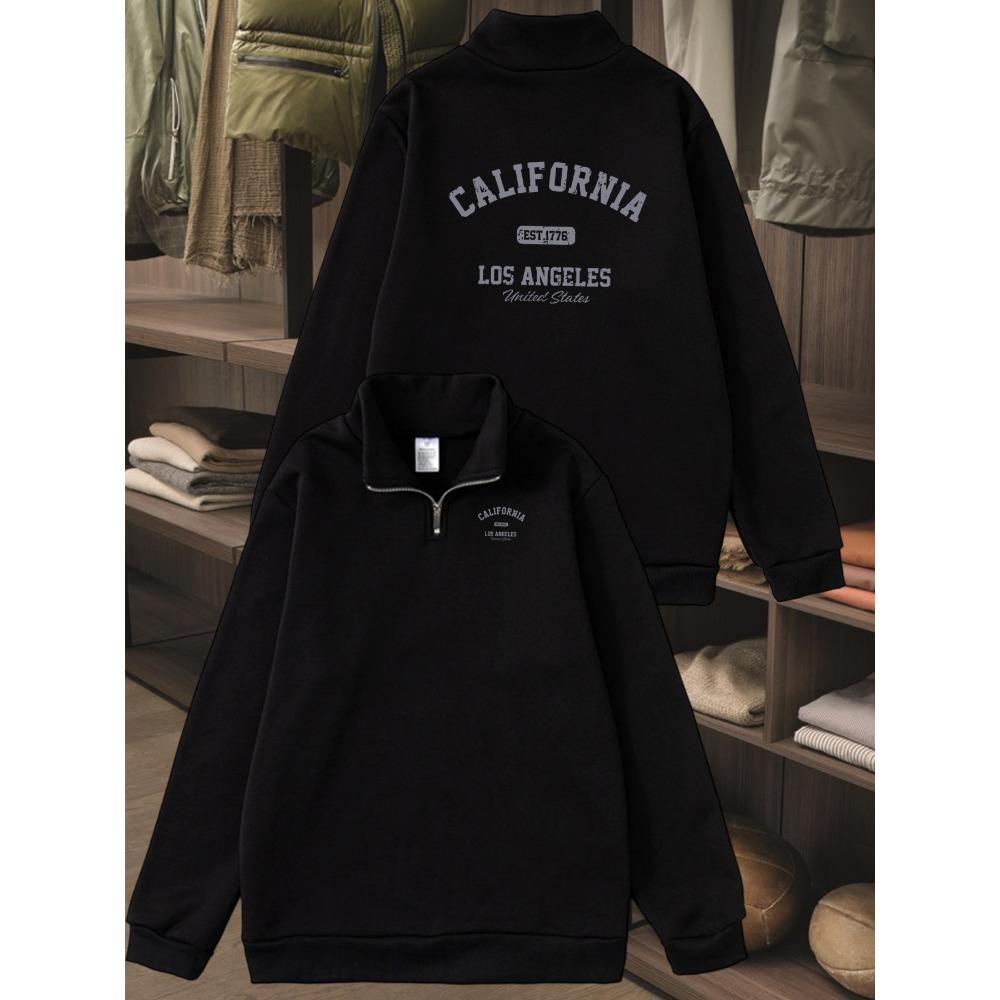 Men's Printed Sweatshirt - Loose Round Neck Half Zip Sweatshirt with California Lettering, Autumn and Winter Casual Pullover Sweatshirt