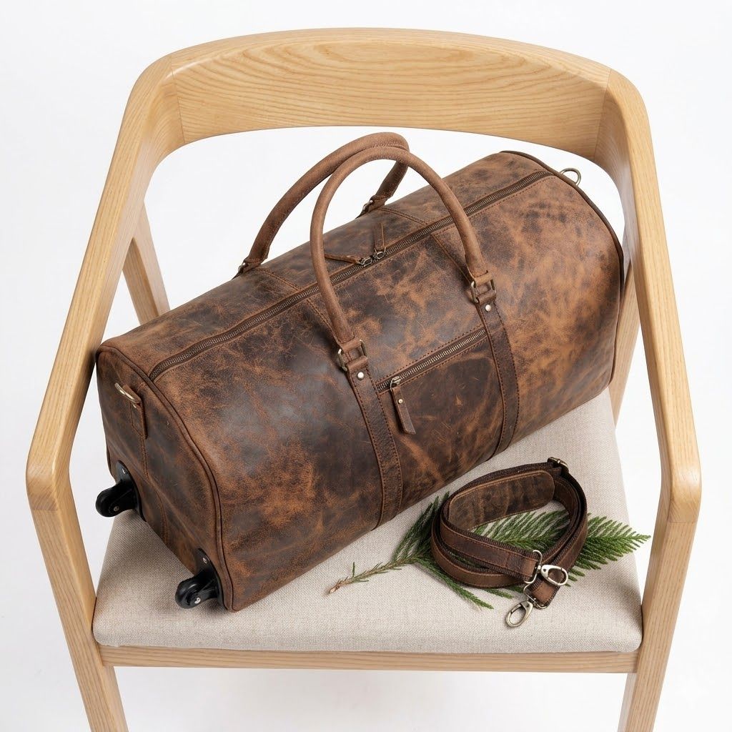 Handmade Leather Trolley Duffel Bag Mens Travel Duffel On Wheels Carry On Cabin Luggage Overnight Duffel Christmas Gift for Men and Women